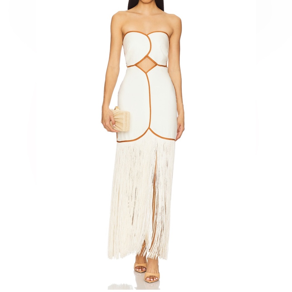 Strapless White Fringe Maxi Dress with Tan Piping
